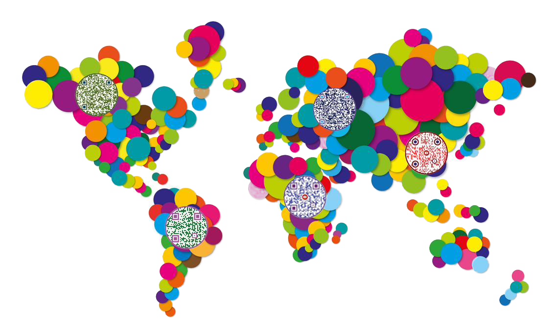 A world map made of overlapping coloured circles, with five round QR codes set into the continents