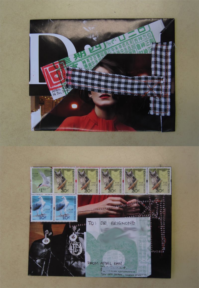 A woman in red with black gingham across her eyes, and below it a row of stamps laid over black leather