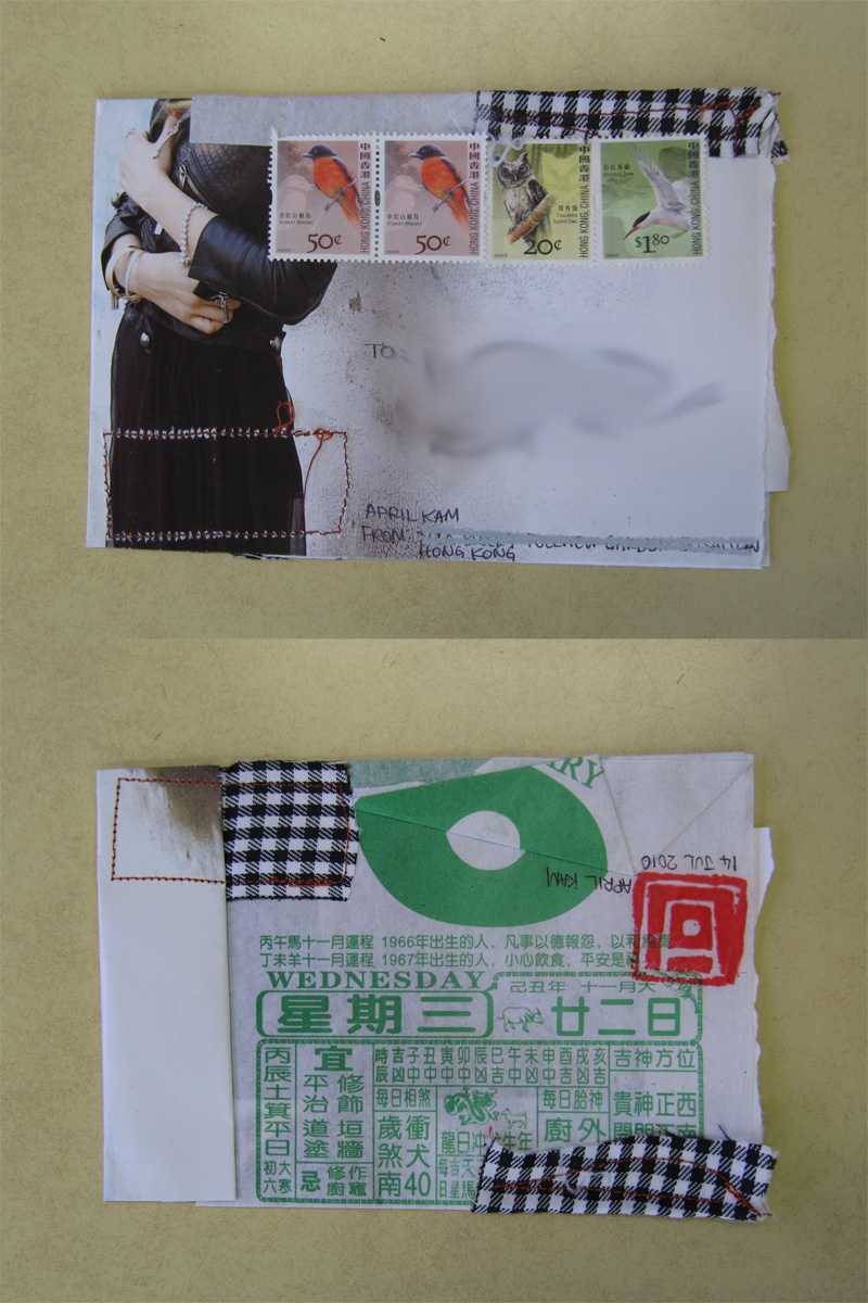 Four Hong Kong bird stamps beside a leather sleeve, and below it a green almanac page marked "WEDNESDAY"