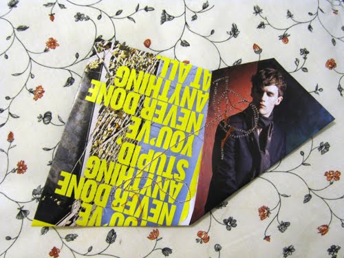 Yellow capitals reading "you've never done anything stupid" folded across a man in blue
