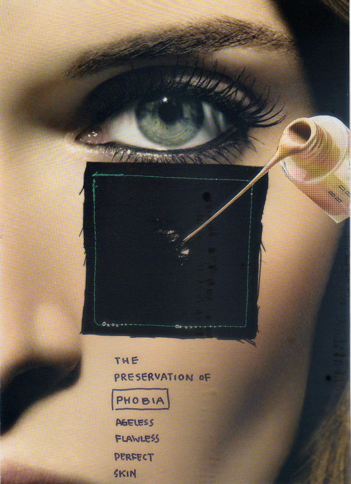A magazine eye above a black stitched square, handwritten below it: "ageless flawless perfect skin"