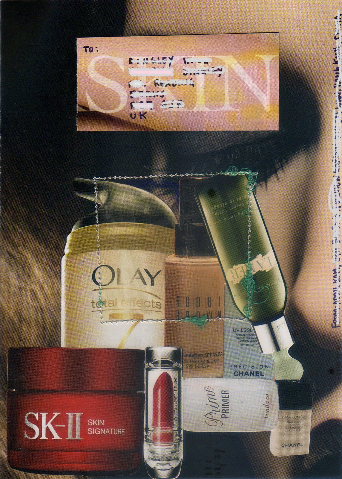 The other side, cut-out skincare bottles crowding the lower half, the word "SKIN" pale and large behind them