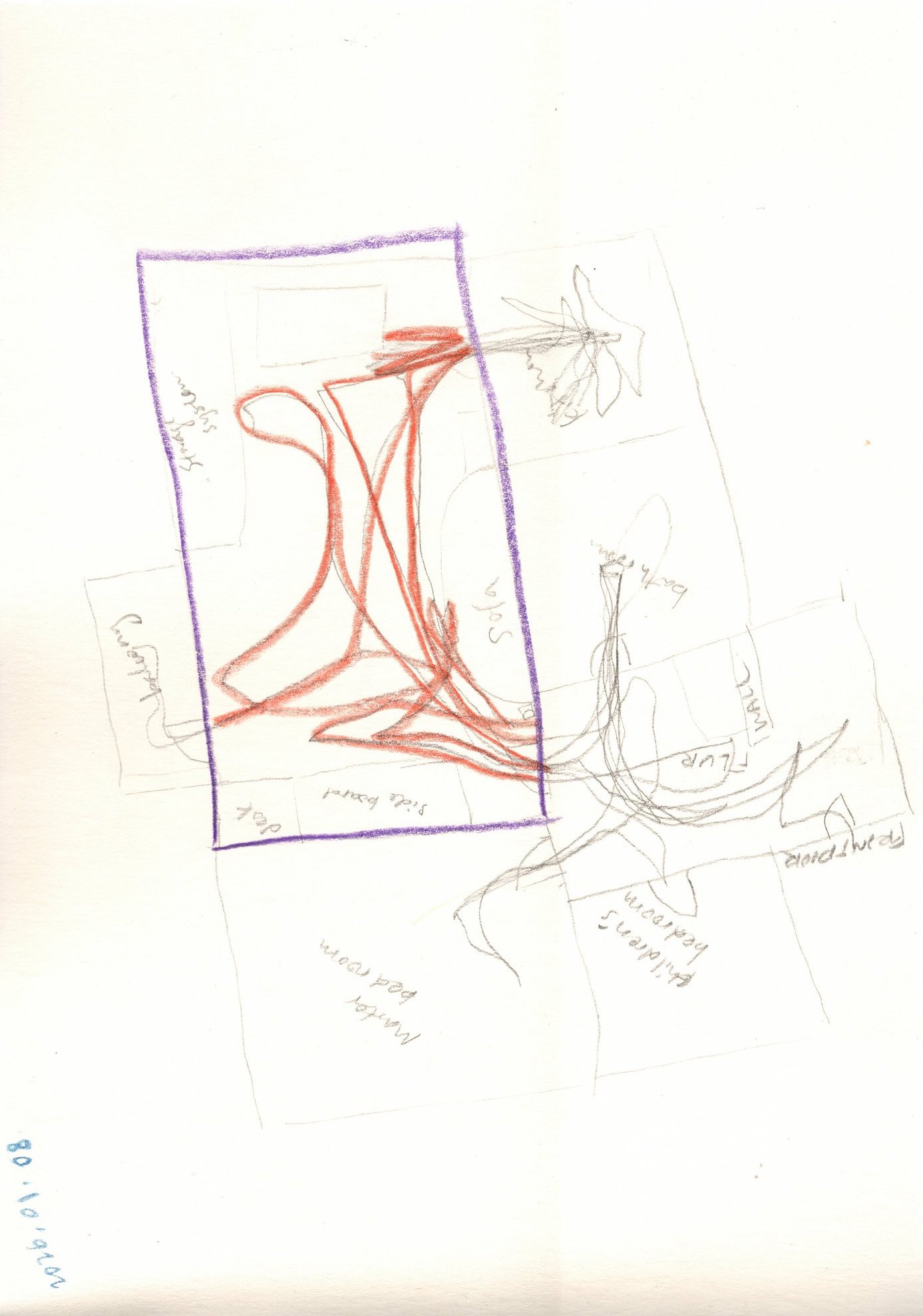 Pencil floor plan of a flat, a violet rectangle framing one room, red lines looping inside it and grey paths leading out